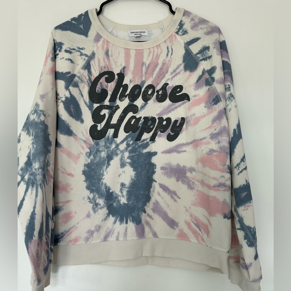 Grayson Threads Blue Purple Pink Tie Dye CHOOSE HAPPY Long Sleeve Sweatshirt L